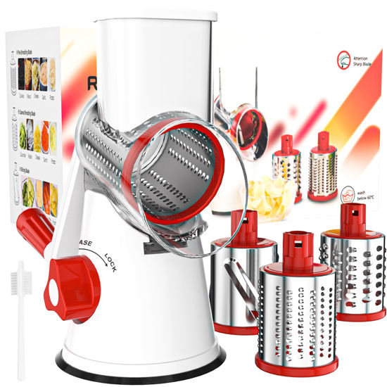 Picture of Cambom Rotary Cheese Grater Hand Crank Cheese Shredder for Fresh Cheese, Vegetable, Nuts,Non-slip Suction Base, Free Cleaning Brush Three Blades,Red White