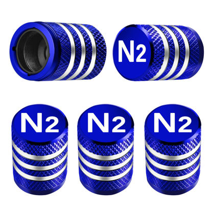 Picture of Tire Valve Stem Caps Cover - (5 Pack) Tire Air Cap N2 Nitrogen Metal with Plastic Liner Corrosion Resistant Leak-Proof for Car Truck Motorcycle Bike Blue