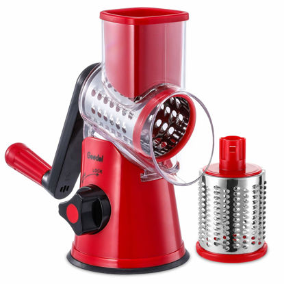 Picture of Geedel Rotary Cheese Grater, Kitchen Mandoline Vegetable Slicer with 2 Interchangeable Blades, Easy to Clean Rotary Grater Slicer for Fruit, Vegetables, Nuts