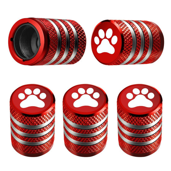 Picture of Tire Valve Stem Cap Cover - (5 Pack) Tire Air Caps Metal with Plastic Liner Corrosion Resistant Leak-Proof Cat/Dog Paw for Car Truck Motorcycle Bike Red