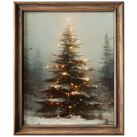 Picture of Vintage Christmas Tree Wall Decor, Christmas Decoration, Forest Wall Art Decor, Rustic Winter Holidays Wall Art, Print Unframed (11x14in, Christmas Tree with Lights)
