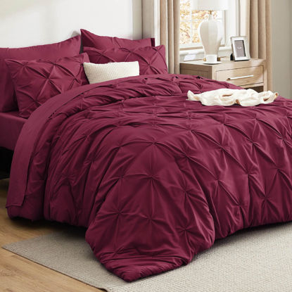 Picture of Bedsure Queen Comforter Set Burgundy - Bed in a Bag Queen Size 7 Pieces, Pintuck Bed Set Gift for Family, Pinch Pleat Burgundy Comforter with Sheets, Pillowcases & Shams