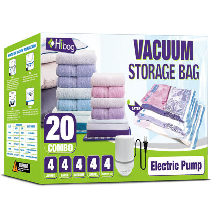 Picture of HIBAG Vacuum Storage Bags with Electric Pump, Vacuum Seal Space Saver Bags for Clothes, Clothing, Pillows, Blanket Bedding Comforters, Combo 20 pack