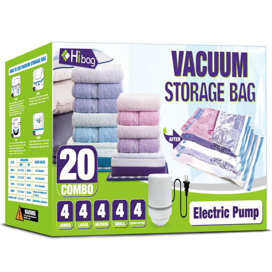 Picture of HIBAG Vacuum Storage Bags with Electric Pump, Vacuum Seal Space Saver Bags for Clothes, Clothing, Pillows, Blanket Bedding Comforters, Combo 20 pack