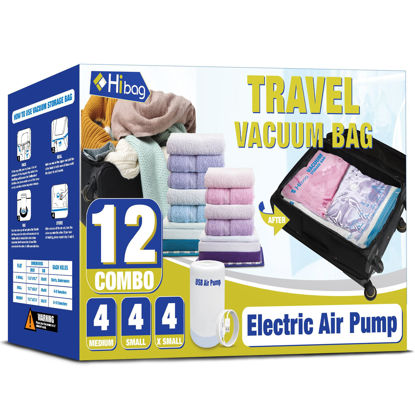 Picture of Travel Vacuum Bags with Electric Pump, Vacuum Travel Bags for Luggage and Suitcase, Vacuum Seal Compression Packing Bags for Clothes Clothing, Combo 12 Pack