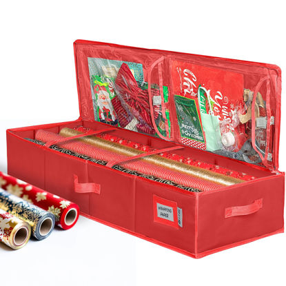 Picture of Premium Wrapping Paper Storage Container -Durable Material 600D tear-proof - Fits up to 27 Paper Rolls -Extra Pockets for Ribbons & Bows. Underbed Gift Wrap Organizer, Ideal for Holiday Christmas, etc