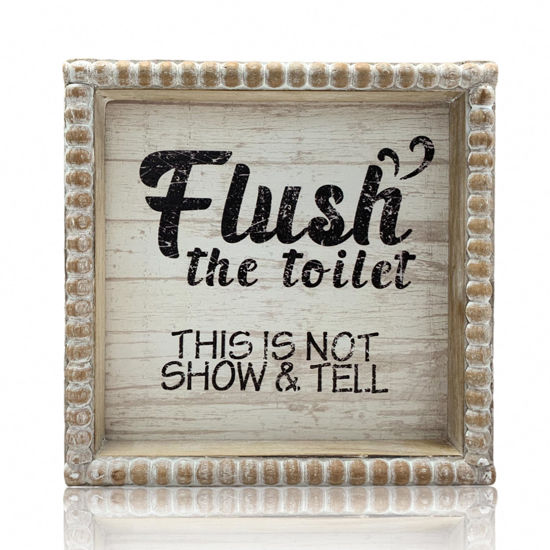 Picture of ZLFart 6.3" Flush Toilet Sign Bathroom Rules White Black, Farmhouse Shelf Antique Boho Funny Restroom Quote, Guest Supplies Decor Signage, Vintage Home Gender Neutral Small Women Man
