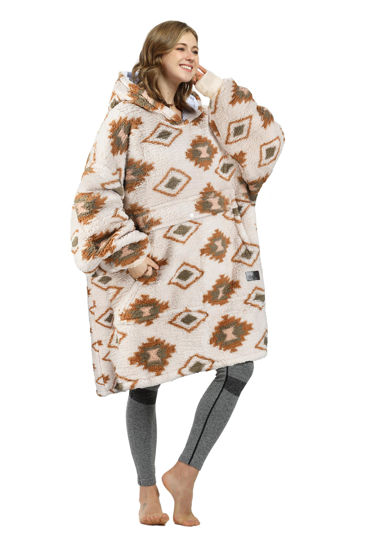 Picture of Catalonia Southwestern Aztec Oversized Wearable Blanket Hoodie Sweatshirt, Comfortable Sherpa Lounging Pullover for Adults, Gift for Her