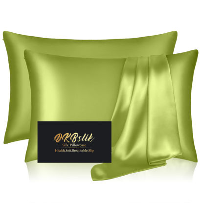 Picture of Silk Pillowcase 2 Pack, Mulberry Silk Pillow Cases Queen Size Set of 2, Anti Acne Silk Pillowcase for Hair and Skin, Natural Silk Satin Pillowcases for Sleeping Women 2 Pack with Zipper, Olive Green