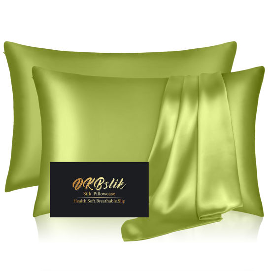 Picture of Silk Pillowcase 2 Pack, Mulberry Silk Pillow Cases Queen Size Set of 2, Anti Acne Silk Pillowcase for Hair and Skin, Natural Silk Satin Pillowcases for Sleeping Women 2 Pack with Zipper, Olive Green