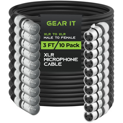 Picture of GearIT XLR to XLR Microphone Cable (3 Feet, 10-Pack) XLR Male to Female Mic Cable 3-Pin Balanced Shielded XLR Cable for Mic Mixer, Recording Studio, Podcast - Black, 3ft, 10 Pack