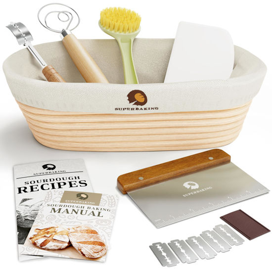 Picture of Superbaking Banneton Bread Proofing Basket Set, Oval 10" Sourdough Proofing Basket for Bread Making Tools Supplies, Bread Baking Supplies, Artisan Bread Kit, Gifts for Bakers