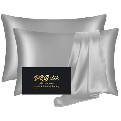 Picture of Silk Pillowcase 2 Pack, Natural Mulberry Silk Pillow Case, Anti Acne Silk Pillowcase for Hair and Skin, King Size Silk Satin Pillowcase Set of 2 with Hidden Zipper, Gifts for Women Men, Grey