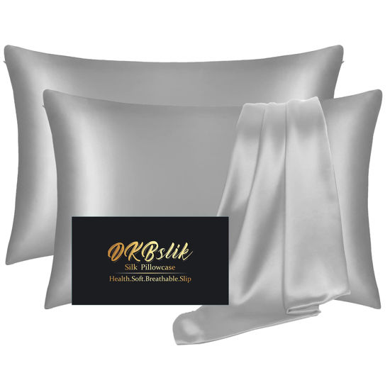 Picture of Silk Pillowcase 2 Pack, Natural Mulberry Silk Pillow Case, Anti Acne Silk Pillowcase for Hair and Skin, King Size Silk Satin Pillowcase Set of 2 with Hidden Zipper, Gifts for Women Men, Grey