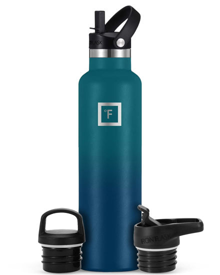 Picture of IRON °FLASK Camping & Hiking Hydration Canteens - 3 Lids (Narrow Straw Lid) Leak Proof Vacuum Insulated Stainless Steel - Hot & Cold Double Walled Sports Water Bottle - Dark Night, 24 Oz