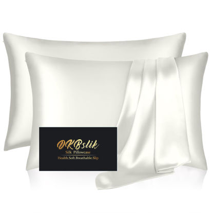 Picture of Silk Pillowcase 2 Pack, Mulberry Silk Pillow Cases Queen Size Set of 2, Anti Acne Silk Pillowcase for Hair and Skin, Natural Silk Satin Pillowcases Gifts for Women Men 2 Pack with Zipper, Ivory