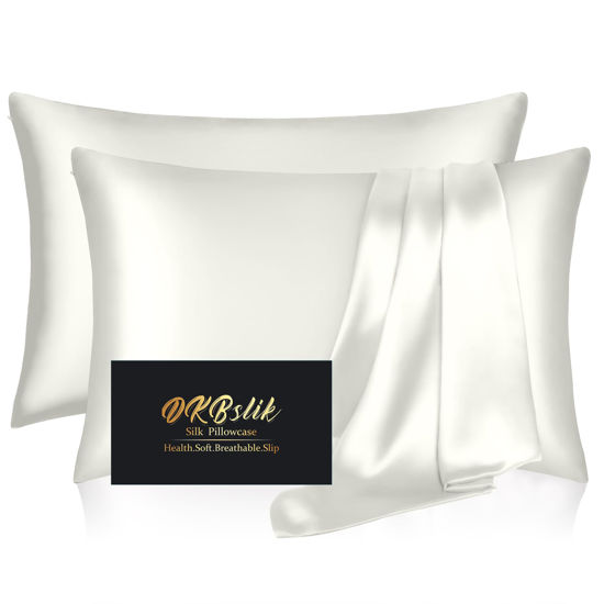 Picture of Silk Pillowcase 2 Pack, Mulberry Silk Pillow Cases Queen Size Set of 2, Anti Acne Silk Pillowcase for Hair and Skin, Natural Silk Satin Pillowcases Gifts for Women Men 2 Pack with Zipper, Ivory