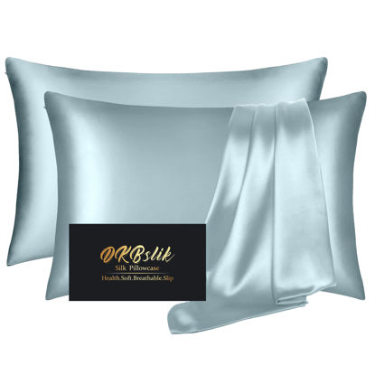 Picture of 2-Pack Mulberry Silk Pillowcases, King Size - Anti-Acne, For Hair & Skin, Hidden Zipper, Aqua Blue