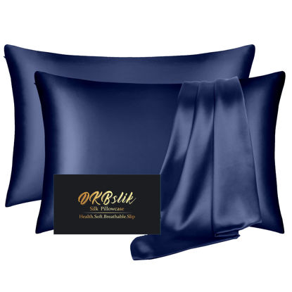 Picture of Silk Pillowcase 2 Pack, Mulberry Silk Pillow Cases Queen Size Set of 2, Anti Acne Silk Pillowcase for Hair and Skin, Natural Silk Satin Pillowcases Gifts for Women Men 2 Pack with Zipper, Navy Blue