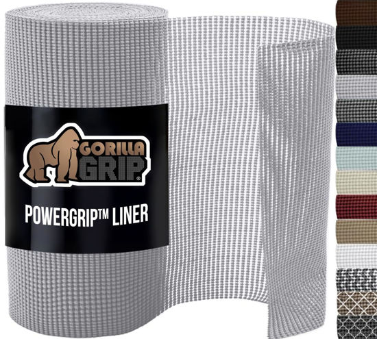 Picture of Gorilla Grip powerGRIP Drawer Shelf and Cabinet Liner, Thick Strong Hold, Non-Adhesive Liners Protect Kitchen Cabinets and Cupboard, Bathroom Drawers, Easy Install, Breathable Mat, 12" x10' Light Gray