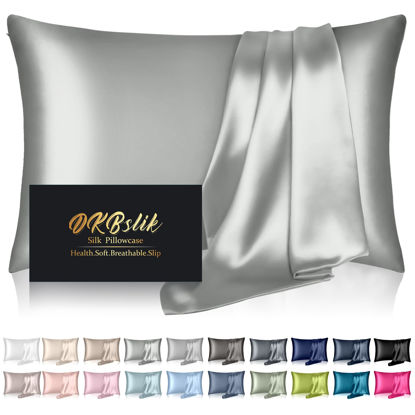 Picture of Mulberry Silk Pillow Cases Standard Size, Silk Pillowcase for Hair and Skin, Both Sides Natural Silk Satin Pillowcase for Sleeping Women with Zipper, Gifts for Women Men, Silver Grey