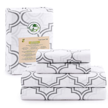 Picture of LANE LINEN 100% Organic Cotton Sheets RV Queen, 4-Piece Bed Sheets Short Queen Size Cotton, Luxury Sheets, Percale Weave,Breathable Bed Sheets RV Queen Size Deep Pockets Fits Upto 15"- Trellis Silver