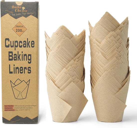 Picture of Bake Choice Nordic 75GSM Paper 200pcs Natural Tulip Cupcake Liners for Baking Cups, Unbleached EU Parchment paper Tulip Muffin Liners, Cupcake Wrapper for Party, Christmas