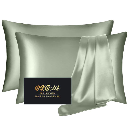 Picture of Silk Pillowcase 2 Pack, Mulberry Silk Pillow Cases Queen Size Set of 2, Anti Acne Silk Pillowcase for Hair and Skin, Natural Silk Satin Pillowcases Gifts for Women Men 2 Pack with Zipper, Sage Green