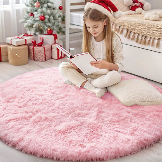 Picture of OLANLY Pink Round Rugs for Bedroom - Machine Washable, 4x4 Feet Circle Area Rugs for Living Room, Soft and Fluffy Shaggy Carpet for Teen Girls and Boys, Dorms, Nursery Rooms, Home Decor Aesthetic