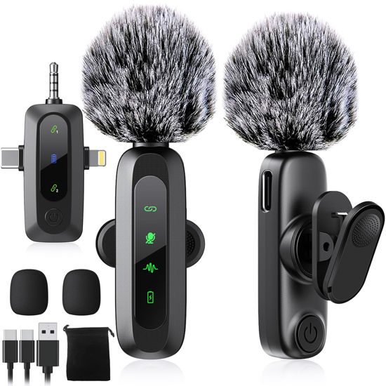 Picture of 3 IN 1 Wireless Lavalier Microphones for iPhone/Android/Camera Devices(Lightning/USBC/3.5 mm Jack), 2 Pack Mini LED Display Lapel Mic with Mute/Reverb/Noise Reduction for TikTok/YouTube/Vlog Recording