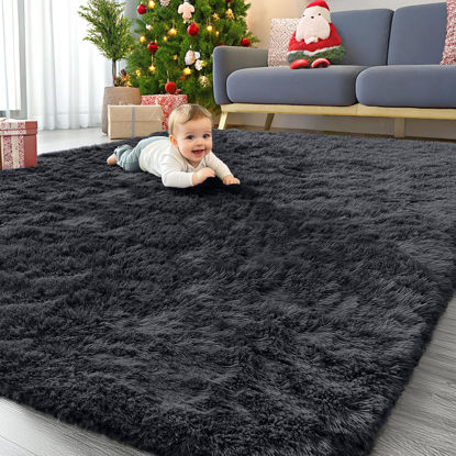 Picture of OLANLY 6x9 Machine Washable Large Area Rugs for Living Room, Bedroom, Soft Fluffy Shaggy Bedside Rug, Indoor Floor Carpet for Kids Girls and Boys, Dorms, Nursery, Home Decor Aesthetic, Black