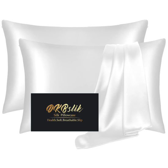 Picture of Silk Pillow Cases 2 Pack, Mulberry Silk Pillowcases Standard Set of 2, Health, Smooth, Anti Acne, Beauty Sleep, Both Sides Natural Silk Satin Pillow Cases for Women 2 Pack with Zipper for Gift,White