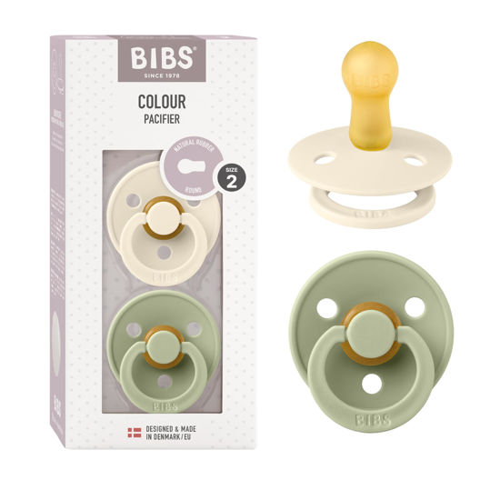 Picture of BIBS Pacifiers Colour Collection | Natural Rubber Baby Pacifier | Set of 2 BPA-Free Soothers | Made in Denmark | 6+ Months (Pack of 2) | Sage/Ivory
