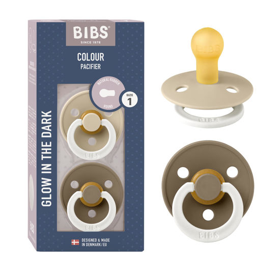 Picture of BIBS Pacifiers Colour Collection | Natural Rubber Baby Pacifier | Set of 2 BPA-Free Soothers | Made in Denmark | 0+ Months (Pack of 2) | Vanilla Night/Dark Oak Night