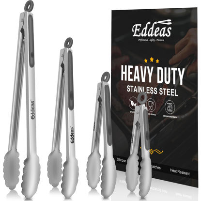 Picture of EDDEAS Tongs For Cooking - Heat Resistant 600 Degrees Metal Kitchen Tongs, Heavy Duty Stainless Steel Tongs - Perfect for Food, BBQ Set of 4, 7-9-12 &14 inch Grey