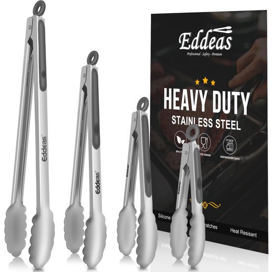 Picture of EDDEAS Tongs For Cooking - Heat Resistant 600 Degrees Metal Kitchen Tongs, Heavy Duty Stainless Steel Tongs - Perfect for Food, BBQ Set of 4, 7-9-12 &14 inch Grey