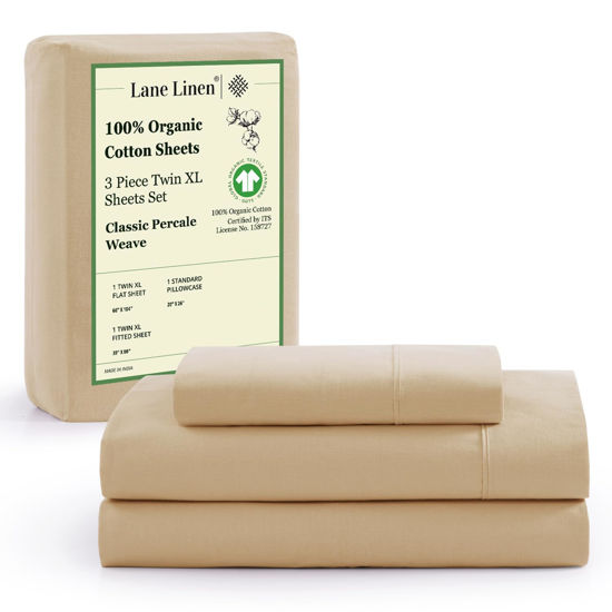 Picture of LANE LINEN 100% Organic Cotton Twin XL Sheets Set 3-Piece Pure Percale Soft Bedding Breathable Fits Mattress Upto 15" Deep - Linen
