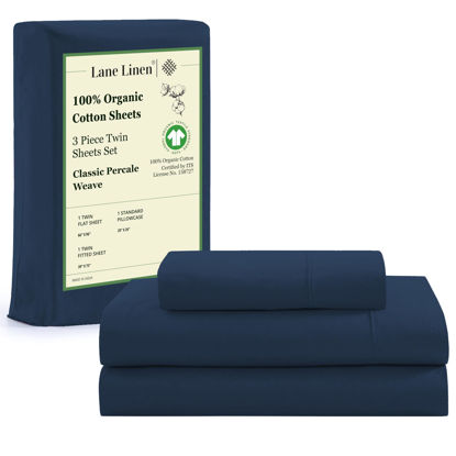 Picture of LANE LINEN 100% Organic Cotton Twin Bed Sheet Set, 3 Pc Twin Size Sheet Set, Soft & Breathable Twin Sheet Set Boys, Hotel Style Bedding Sheets & Pillowcases, 15" Deep Twin Fitted Sheet - Estate Blue