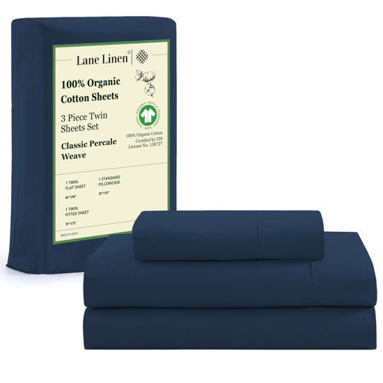 Picture of LANE LINEN 100% Organic Cotton Twin Bed Sheet Set, 3 Pc Twin Size Sheet Set, Soft & Breathable Twin Sheet Set Boys, Hotel Style Bedding Sheets & Pillowcases, 15" Deep Twin Fitted Sheet - Estate Blue