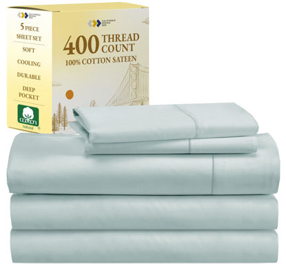 Picture of Split King Sheets for Adjustable Bed, Soft 100% Cotton Sheets, 400 Thread Count Sateen, Includes Twin XL Fitted Sheets, Deep Pocket Sheets, Cooling Sheets, Beats Egyptian Cotton Claims (Seafoam)