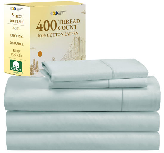 Picture of Split King Sheets for Adjustable Bed, Soft 100% Cotton Sheets, 400 Thread Count Sateen, Includes Twin XL Fitted Sheets, Deep Pocket Sheets, Cooling Sheets, Beats Egyptian Cotton Claims (Seafoam)