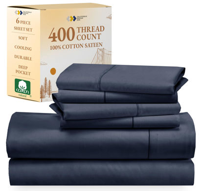 Picture of California Design Den 6-Pc King Size Sheet Set with 4 Pillowcases - Soft 400 Thread Count 100% Cotton Sheets, Cooling Sateen Weave, Luxury Deep Pocket Bedsheets Set - Indigo Dusty Blue