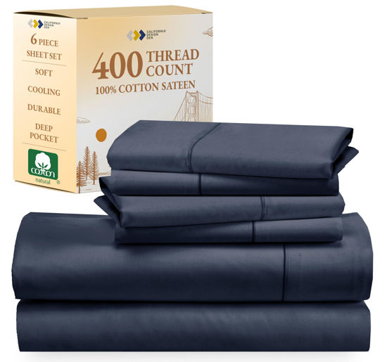 Picture of California Design Den 6-Pc King Size Sheet Set with 4 Pillowcases - Soft 400 Thread Count 100% Cotton Sheets, Cooling Sateen Weave, Luxury Deep Pocket Bedsheets Set - Indigo Dusty Blue