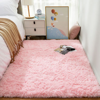 Picture of Ophanie 3x5 Pink Rug, Bedside Preppy Dorm Area Rug, College Essentials Non Slip Small Carpets for Bedroom, Anti Slip Fluffy Living Room Rugs Home Decor Aesthetic, Nursery
