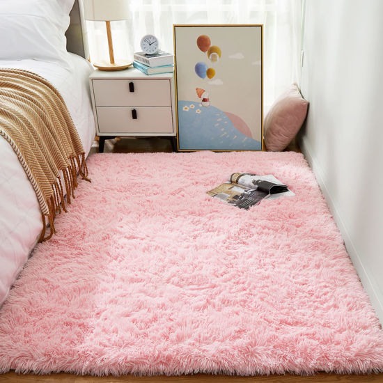 Picture of Ophanie 3x5 Pink Rug, Bedside Preppy Dorm Area Rug, College Essentials Non Slip Small Carpets for Bedroom, Anti Slip Fluffy Living Room Rugs Home Decor Aesthetic, Nursery