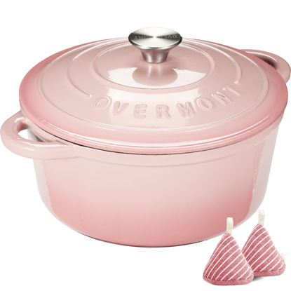Picture of Overmont Enameled Cast Iron Dutch Oven - 5.5QT Pot with Lid Cookbook & Cotton Potholders - Heavy-Duty Cookware for Braising, Stews, Roasting, Bread Baking pink