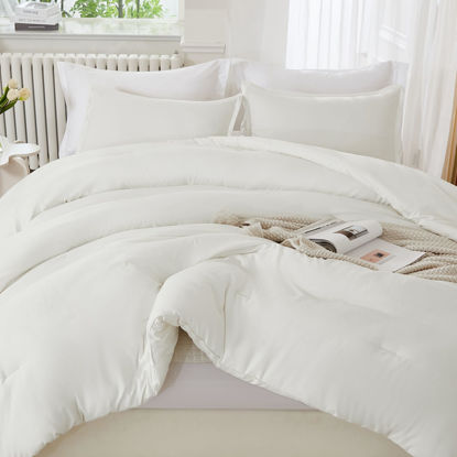 Picture of Litanika Oversized King Comforters Ivory Super King Size, 3 Pieces Lightweight Solid Bedding Comforter Set, All Season Fluffy Bed Set (120x120In Comforter & 2 Pillowcases)