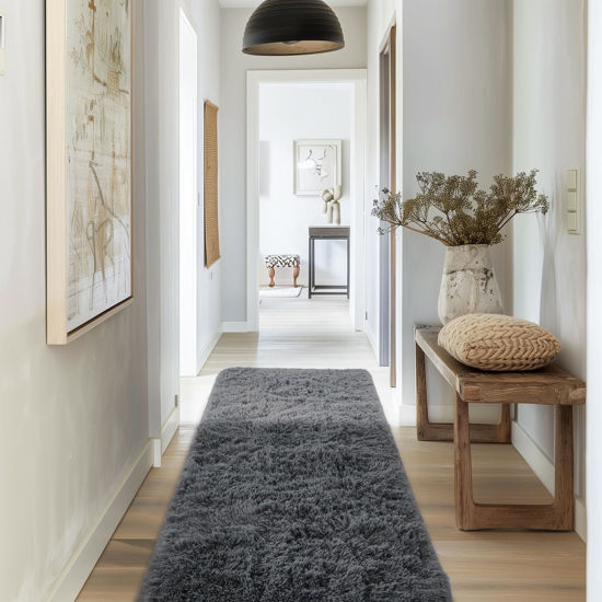 Picture of Ophanie Runner Rug for Hallway, 2x6 Bedroom Grey Bedside Rugs, Non Slip Fluffy Soft Shaggy Carpet for Kids Girls Boys Home Decor Aesthetic, Dorm Nursery Gray