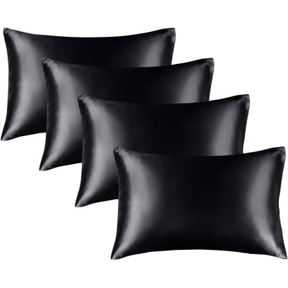 Picture of BEDELITE Satin Pillowcase for Hair and Skin, Super Soft Similar to Silk Pillow Cases 4 Pack with Envelope Closure, Cooling Pillowcases for Women Men (20"x26" Standard Size, Black)