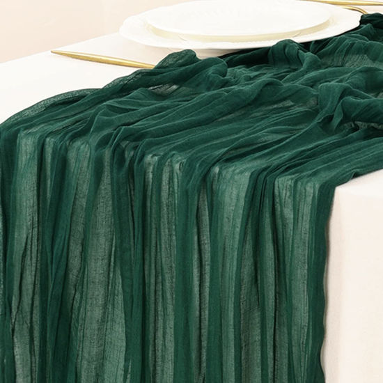 Picture of Socomi Cheesecloth Table Runner 10ft Gauze Boho Rustic Emerald Green Cheese Cloth Table Runner for Wedding Bridal Shower Fall Thanskgiving Decoration 10pcs Emerald Green